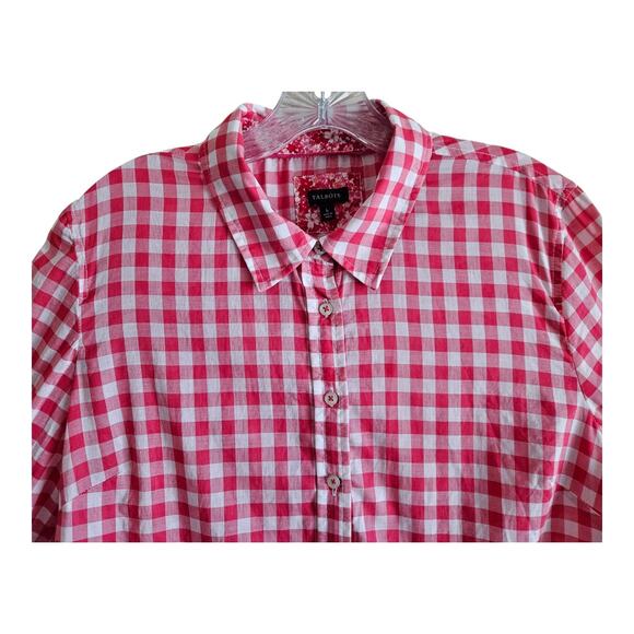 TALBOTS Women's L Blouse Pink White Gingham Check Contrast Cuffs Button Up 42" - Picture 2 of 7